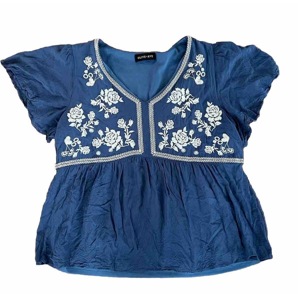 Olive Ave Blue Embroidered Peasant‎ Top Blouse Womens XL Short Sleeve V Neck